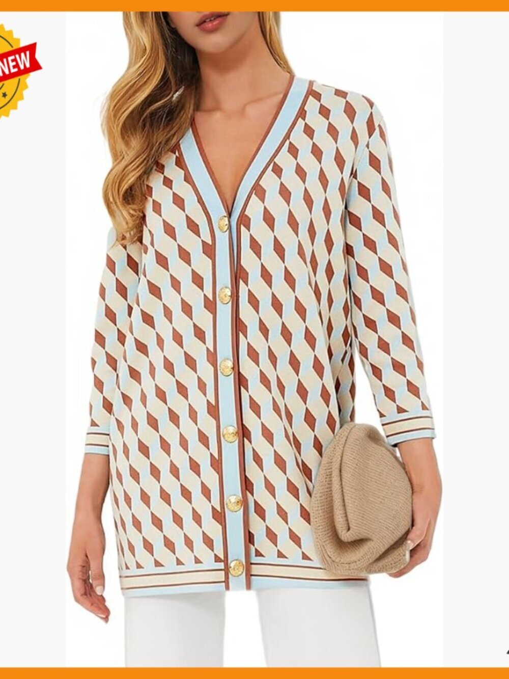 Open Front Cardigan Sweater 3/4 Sleeve Plaid Lightweight Outwear